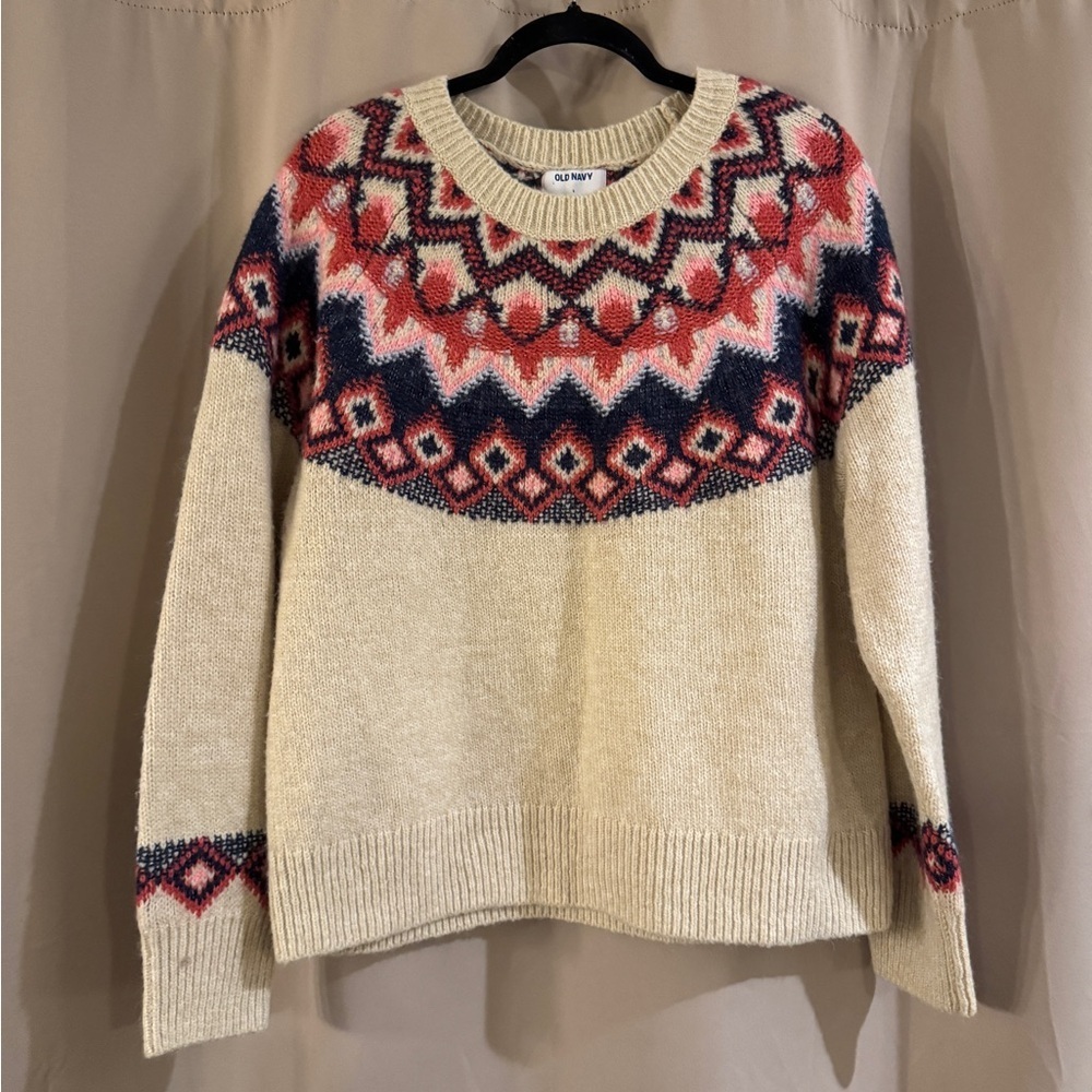 Old Navy Cream and Pink Geometric Sweater